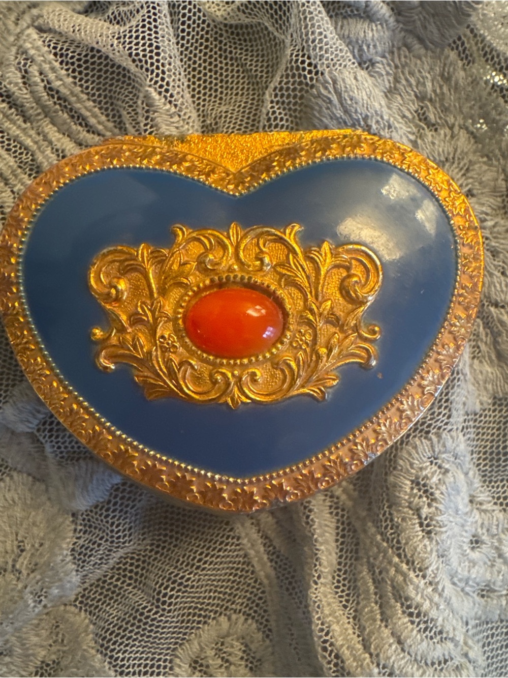 Heart-Shaped Blue Trinket Box with Gold Filigree Red Cabochon and Blue Enamel
